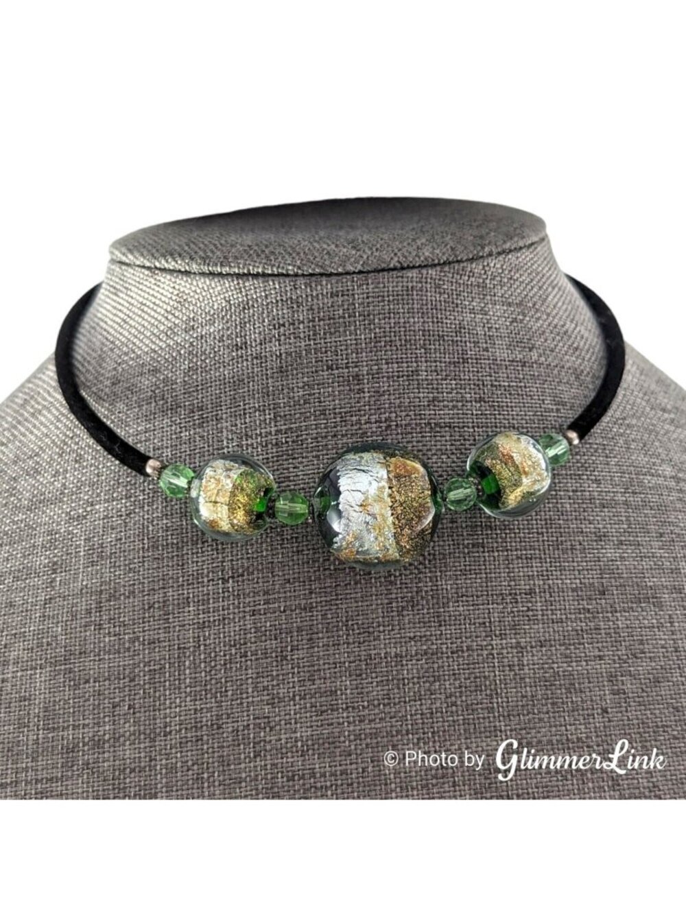 Green Gold Foil Glass Beads Black Velvet Wire Wrapped Choker Necklace